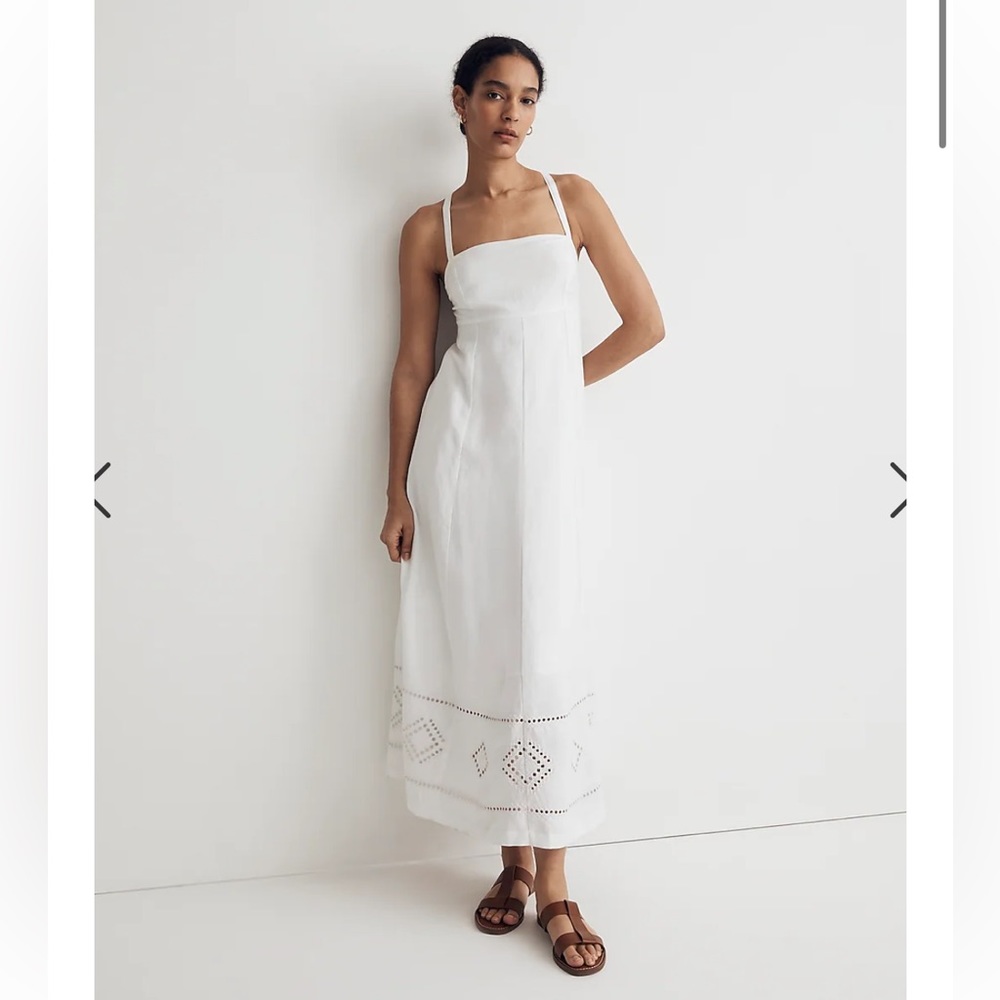 Madewell White Linen Embroidered Eyelet TieBack Cami Midi Dress, Women’s Size 14